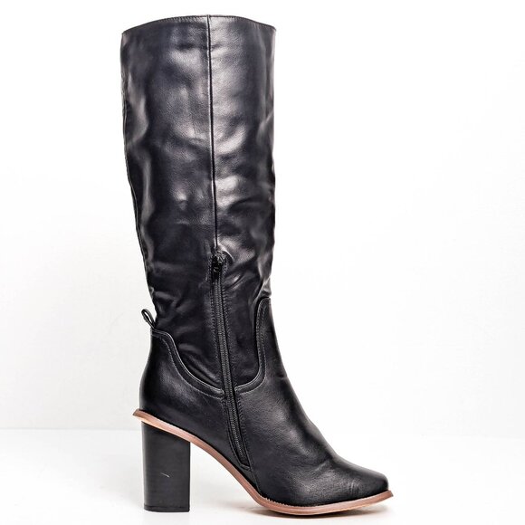 French Connection Women Black Vegan Leather Stretch Heel Round Toe Tall Boots 10 - Picture 4 of 9